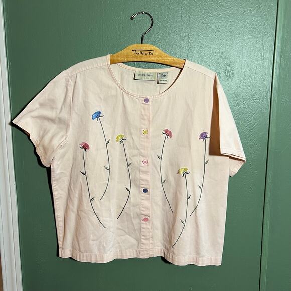 Lemon Grass Embroidered Floral Cotton Blouse Size L Cream - Picture 1 of 6